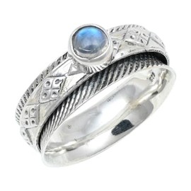 JEWELSTREZORO Regenbogenmondstein Edelstein 925 Sterling Silber Spinnerring Männer & Frauen Meditationsring Alle Größen Handarbeit Schmuck TSR150F_62 (19.7)