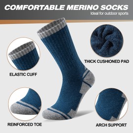 Stoeury Cushioned Walking Hiking Socks Men, Anti Blister Merino Wool Socks, Breathable Wool Crew Sports Work Running Sock 3 Pairs, Multicolor 13-15