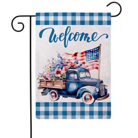 Summer Holiday Garden Flag Patriotic Welcome Vintage Blue Truck with Flowers American Flag Design Double Sided Farmhouse Decorative Small Burlap Flags 12.5 x 18 Inch for Outdoor Seasonal Porch Lawn Decor