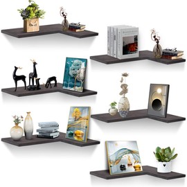 FEHAONST Natural Wood Set of 6 Corner Floating Shelves Wall Mounted Hanging Storage Shelves Display Decor for Bathroom Bedroom Kitchen Office Living Room L-Shaped Corner Book Shelves Carbonized Black