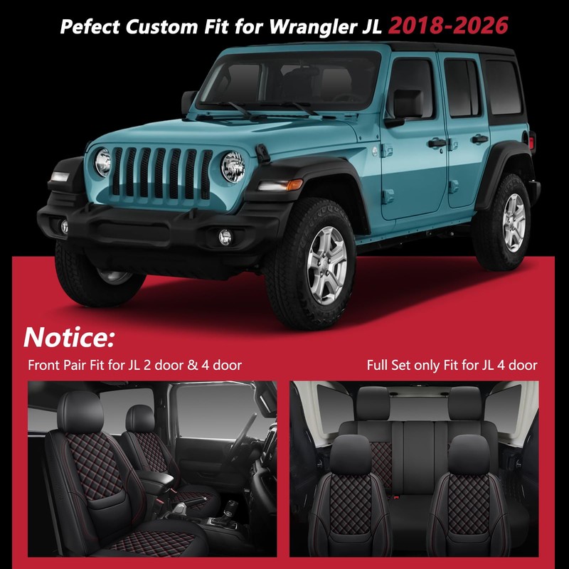 Wrangler Seat Covers 2018-2026 Front Pair, Waterproof Leather Interior Sets