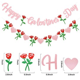 Peclek Happy Galentine's Day Banner - Pink Glitter Galentines Day Decorations, Rose Heart Garland Banner Sign for Ladies Girls Friends Valentines Day Party Decor, Break Up Party Favor Photo Props
