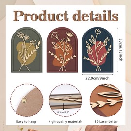 KAIRNE 3D Botanical Boho Bathroom Decor,Bohemian Sign,Floral Aesthetic Wooden Plaques,Plant Minimalist Wall Art Set of 3(13x9inch) Modern Neutral Pictures for Living Room Farmhouse Wall Decor