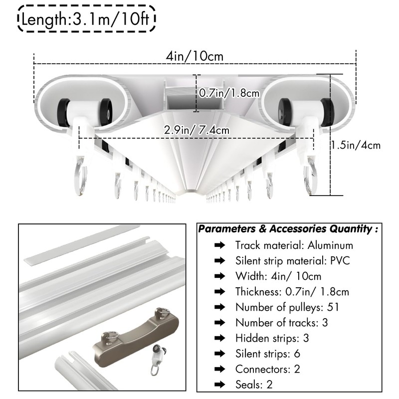 Silent Double Curtain Track Ceiling Mount 6'/8'/10'/12'/15', Wide 4" White