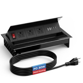 Recessed Conference Table Power Hub with 4 USB Ports,3AC TR Outlets, PD 30W USB-C PD Fast Charging, Metal Housing Flush Mounted for Desks, Kitchens, RVs, 6FT Power Cord