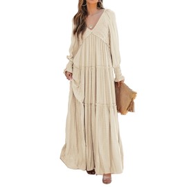R.Vivimos Maxi Dress for Women Long Sleeve V Neck Empire Waist Layered Ruffle Boho Casual Flowy Long Dresses (Large, Beige)