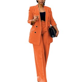 Pants Suit for Women 2 Piece Outfits Fashion Long Sleeve Double Breasted Blazer and Wide Leg Pants Set Orange
