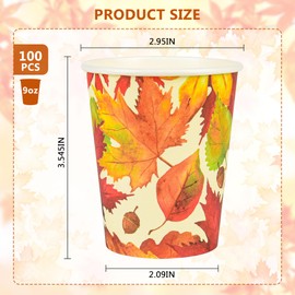 Elyxio 100Pcs Fall Party Cups Maple Leaves Paper Cups Thanksgiving Harvest 9oz Disposable Drinking Cups Watercolor Fall Leaf Beverage Cups for Hot Cold Drinks Coffee Party Supplies