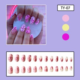 Valentine's Day Press on Nails Pink Heart French Tips Oval Glossy Full Cover Artificial False Nails with Love Heart Flower Designs Reusable Acrylic Fake Nails with Glue Stick on Fingernails for Women