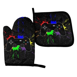 Abucaky Video Game Joystick Oven Mitts and Pot Holders Insulated Gloves & Kitchen Counter Safe Mats for Cooking BBQ Baking Grilling (2-Piece Set)
