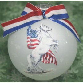 H599 Hand-made Christmas Ornament -horse rearing white mustang USA American flag