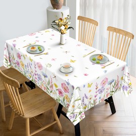Arquiel Spring Summer Tablecloth Waterproof, Wild Flowers Butterfly Table Cloth Rectangle, Washable Table Cover for Party Picnic Wedding Outdoor Dining Decor (60×104 Inch)