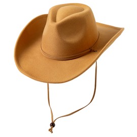 Lanzom Women Men Retro Felt Wide Brim Western Cowboy Cowgirl Hat Dress Up Hat with Wind Lanyard(Camel,Medium)