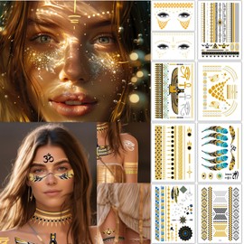Egyptian Gold Temporary Tattoos for Adults & Kids, 120+ Body Glitters Tattoo & Face Glitters Freckles Kit, Fake Tattoos for Women Teens Girls,for Party Beach Festivals Cosplay Bachelorette,9 Sheets