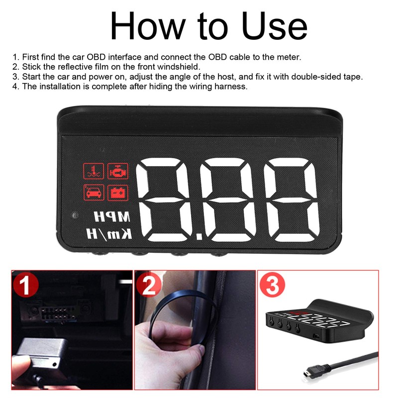 Multifunctional OBD2 HUD Head-Up Display Alarm Reminder, Clear Backlight, High