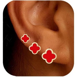 Clover Earring 3 Hole Mini Clover Stud Earrings Set for Women Gold Four Leaf Clover Hypoallergenic Earrings Sensitive Ears for Birthday Christmas Anniversary Lucky Gifts (Gold/Clover Earrings/Red)