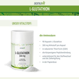 Sanuvit® L-Glutathione - 90 Capsules | 300 mg L-Glutathione per Capsule | High Bioavailability and Compatibility | Vegan | Made in Austria
