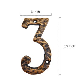 5.5 Inch House Numbers- Rustic Cast Iron Home Address Number- Featuring Unique Hammered Appearance with Uneven Antique Brass Finished,Number 3