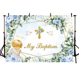 MEHOFOND 7x5ft Blue Boys Baptism Decoration Backdrop My Baptism Angel Prayer Flowers Green Leaves Photography Background Pigeon Cross Communion Party Decoration Banner Supplies