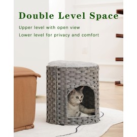 SETVSON Cat House for Indoor Cats, Small Cat Houses Handwoven Rattan Kitten Cave, Pet Kitten Bed Covered, One Double Sided Bed Pad, 13 x 13 x 13.7 Inches, Foldable Hideaway in Living Room Gray
