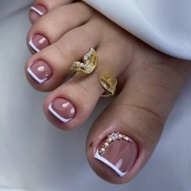 White French Tip Toe Nail Press ons Fake Toe Nails with 3D Flower Pearl Designs 24 Pcs Glue on Toe Nails Natural Reusable Acrylic Stick on Toenails for Women WYFHDT Press on Toe Nails