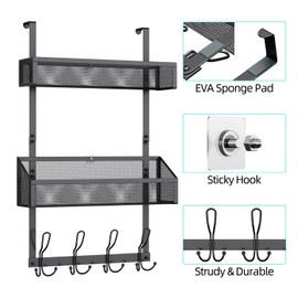 Upesitom Over the Door Hooks Organizer with 12 Hooks, Over the Door Storage Rack with 2 Mesh Basket, Back of Door Storage Organizer Over the Door Hanger for Bedroom,Bathroom,Kitchen, Pantry, Black