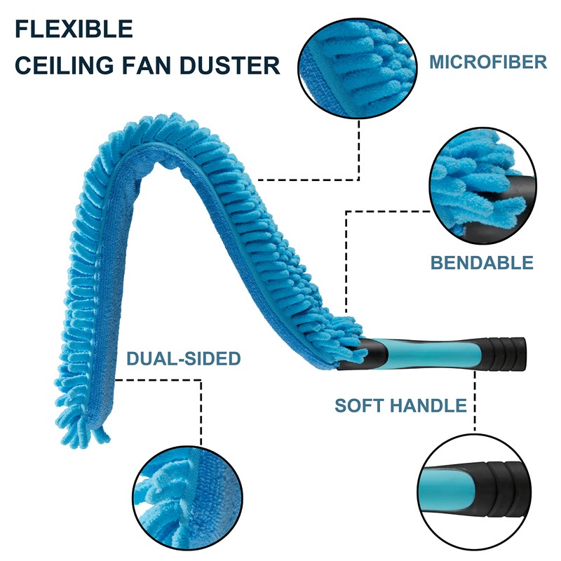Hicavar Microfiber Flexible Ceiling Fan Duster with Washable Chenille Dusting