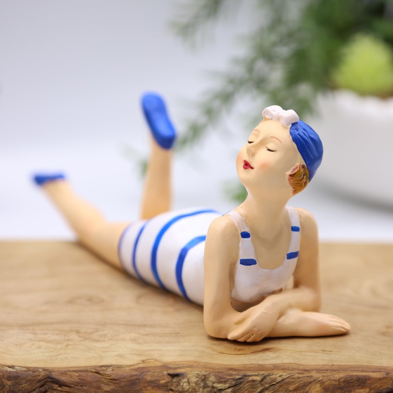Bathing Lady Ornament Blue & White 15cm Seaside Beach Bathroom