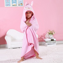 COOKY.D Hooded Baby Bath Towel 100% Soft Cotton Kids Towelling Bathrobe for Girls Boys, 0-6 Years Old, 90 x 90cm, Light Pink Rabbit