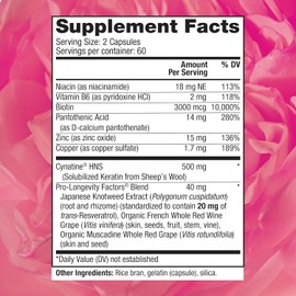 Reserveage Nutrition Keratin Hair Booster with Biotin & Resveratrol, Hair and Nail Growth Supplement for Men and Women, Supports Healthy Thickness and Shine with Biotin, 120 Capsules (60 Servings)