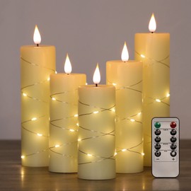 OWLBAY Set of 5 Flickering Flameless Candles with Embedded String Light, Real Wax Battery Operated LED Pillar Candles with Realistic 3D Flame, Remote Control and Timer, Idael for Daily/Holiday Decor