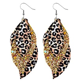 Colorful Layered S Shape Leather Dangle Earrings Shining Leaf Shape Leopard Print Earrings for Women Jewelry(G)
