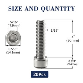 3/8-16 x 2 Socket Head Cap Screws Bolts, 20Pcs 304 Stainless Steel 18-8, Allen Socket Hex Drive, Full Thread, Bright Finish by SG TZH(with Hex Spanner)