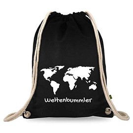 Turnbeutelliebe® Gym Bag with Saying "Weltentdecker" [German Language] Various Motifs Cotton Black Sports Bag Backpack Approx. 12 Litres 37 x 46 cm, World map globetrotters