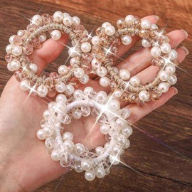 Unicra Pearl Hair Ties Beaded Hair Scrunchies Ponytail Holder Hair Accessories for Women Pack of 3