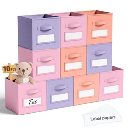 10 Pcs Fabric Storage Cubes 11 Inch Fabric Storage Bins with Labels Collapsible Cube Organizer Baskets with Window Cards for Shelves Nursery Bedroom Clothes Books Toys Organizer(Gentle Pink Purple)