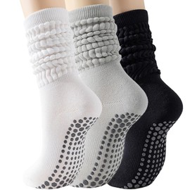 Pilates Socks for Women 3 Pairs Non Slip Grip Yoga Socks Ideal for Pure Barre, Ballet, Dance, Workouts, Hospital, Long Scrunch Fashion Socks(Cool Tone)