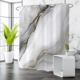 Caheansi Grey Modern Abstract Shower Curtain, Grey Mix Gold Ombre Marble Texture Luxury Bathroom Curtain Waterproof Fabric Machine Washable with Hooks, 72" Wx72 L