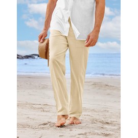 PASLTER Mens Casual Linen Pants Loose Fit Straight-Legs Elastic Drawstring Waist Summer Beach Yoga Long Pants A-Beige