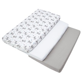 Medi Partners Fitted Sheet 60 x 120 cm, 3-Pack Baby Bed Sheet, 100% Cotton, Fitted Children's Sheet Bed Linen, Baby Mattress, Sleeping Bag, Baby Bed (Teddy Bear, White/Grey)