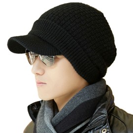 Comhats Merino Wool Knitted Peaked Beanie Hat Men Large Winter Hats for Women Cold Weather Double Layer Thermal Wooly Newsboy Caps Black L/XL