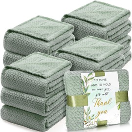 Nuanchu 12 Pcs Flannel Throw Blanket Bulk 50 x 60 Inch Wedding Fleece Blanket with Thank You Cards Ribbon for Wedding Favors Soft Lightweight Leave Jacquard for Bed Sofa Gift (Sage Green)
