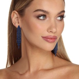 EleQueen Chandelier Tassel Earrings for Women, Ink Blue Blue-Tone Austrian CrystalLinear Drop Dangle Earrings for Wedding Bridal Party