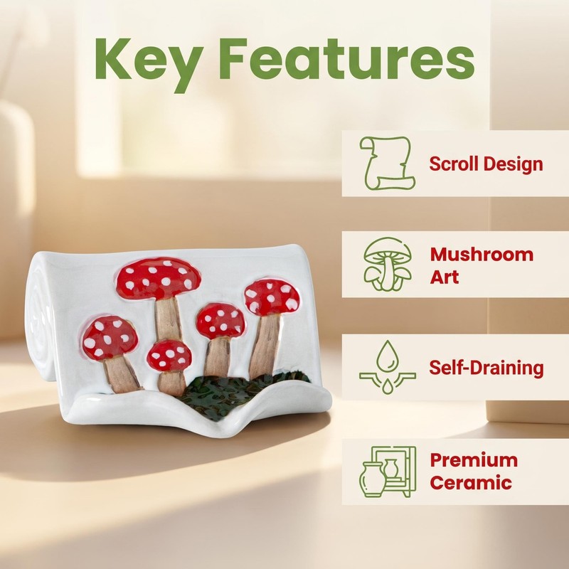 Mushroom Ceramic Soap Dish Scroll Shape Soap Holder with Self-Draining