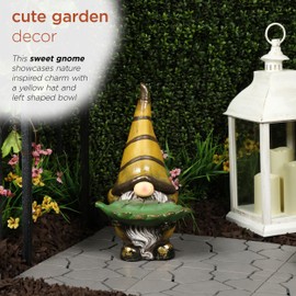 Alpine Corporation MCC854 Vintage Gnome Holding Leaf Bird Feeder with Hat, Playful Decor for Garden & Patio, 19" H, Yellow