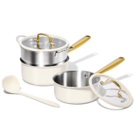 CAROTE 1.5Qt & 3.0Qt Stainless Steel Saucepan Set with Steamer & Ladle, Non-Toxic 3-Ply Stainless Steel Pot with Lids, Small Pots for Cooking, Oven Safe, Induction Compatible Cookware