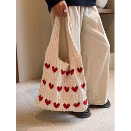 Ponitrack Aesthetic Heart Graphic Tote Bag for Women Knit Tote Bag Cute Tote Bag Y2k Tote Bag Crochet Beach Bag (White)