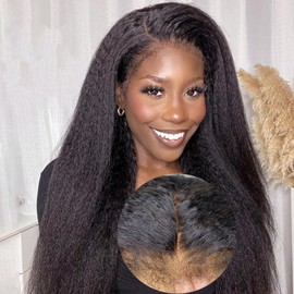 ISEE Hair Wear and Go Glueless Wigs Human Hair Pre Plucked Pre Cut 6x4 HD Lace Closure Wigs Human Hair 180% Density Kinky Straight with Curly 4C Edge Glueless Wigs for Women Natural Black 26 Inch