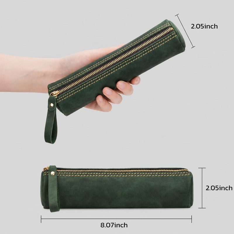 ECHSRT Genuine Leather Pencil Pouch, Classic Cylinder Pen Bag -