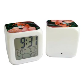 Fabulous White Illuminated Cube Alarm Clock - Close-up Flamingo Pink Bird Wildlife - 7.8 x 7.8 x 7.8 cm - Retro Lighting Multicoloured LED
